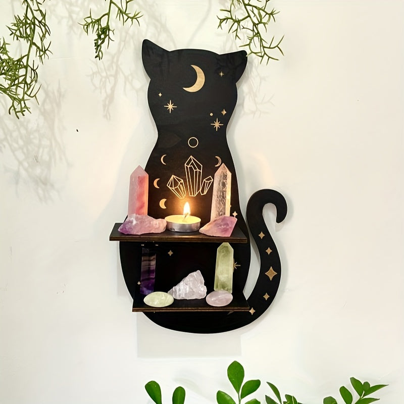 Black cat wall shelf for living room or bedroom decoration, perfect for plants, crystals, and scented candles for special occasions.