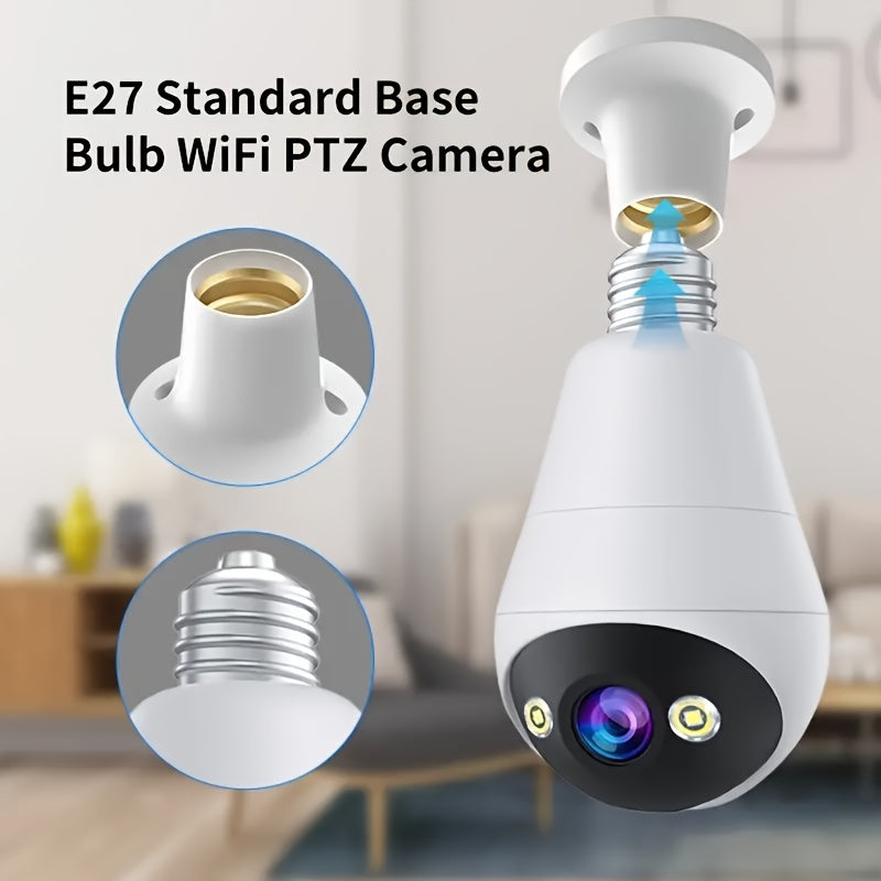 1pc JOOAN E27 WiFi PTZ Camera with 1296p HD resolution, night vision, two-way audio, smart motion detection, 360° pan-tilt, app control, audio and motion alerts. Hardwired power supply, no