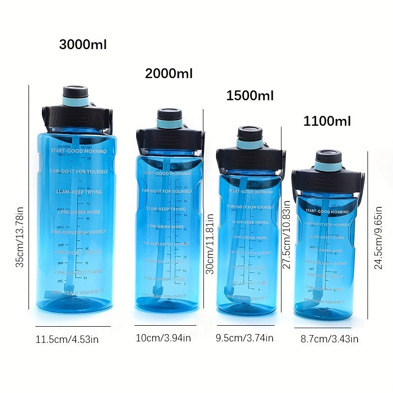 Large clear plastic water bottle with motivational sports design for various activities - camping, hiking, fitness, and home use. Makes a perfect birthday gift. Available in 1100ml, 1500ml, 2000ml, and 3000ml sizes.