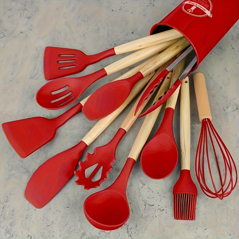 Silicone Kitchen Utensil Set with Wooden Handles - 12 Pieces, Non-Stick, Safe, and Hygienic for Home, Dorm, and Restaurant Use - Complete with Stand and Silicone Cooking Tools