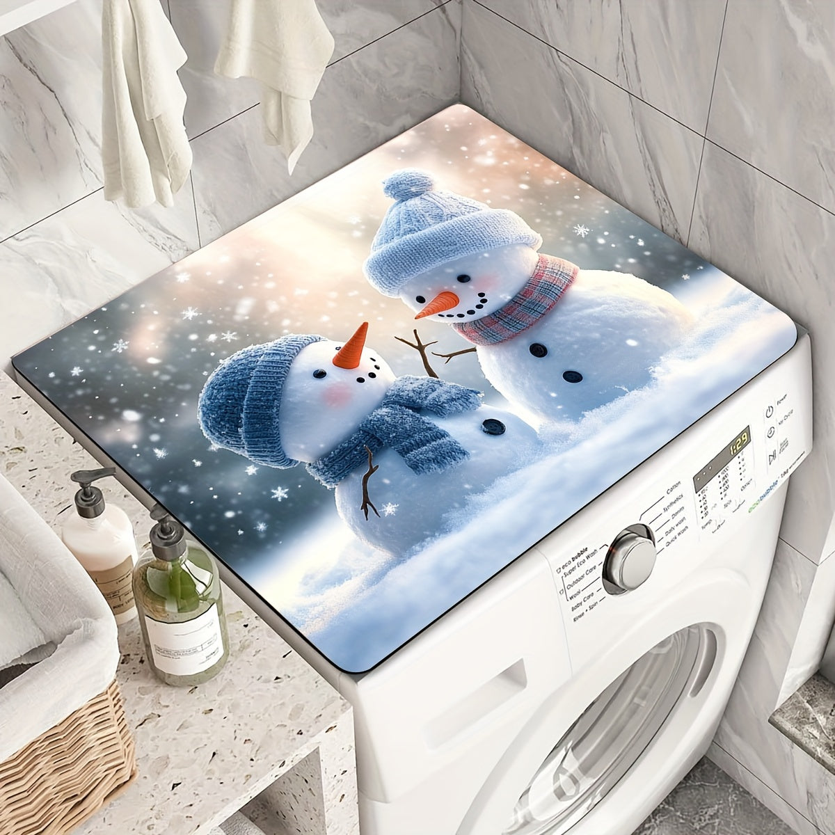 Protect your washer and dryer with the Christmas Snowman Washing Machine Dust Cover. This quick-dry and absorbent protector pad not only keeps your appliances clean but also adds a modern touch to your laundry room or kitchen. With easy cleaning and a