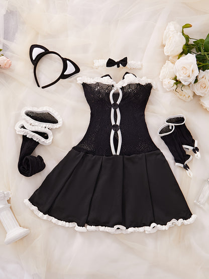 Sexy maid cosplay costume including frill-trimmed lace dress, gloves, stockings, choker, and headband.