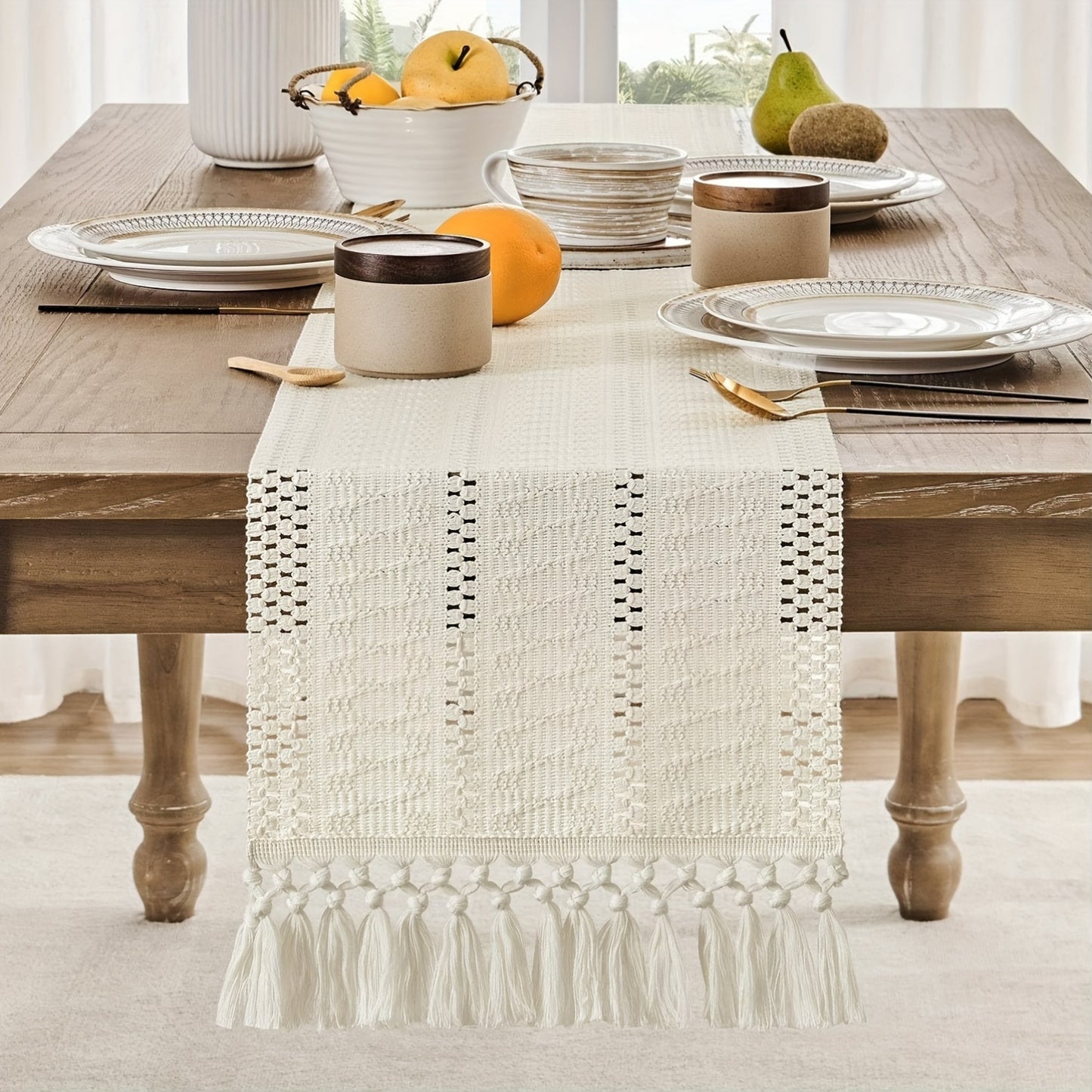 Bohemian macrame crochet table runner with tassels for farmhouse rustic chic decor.