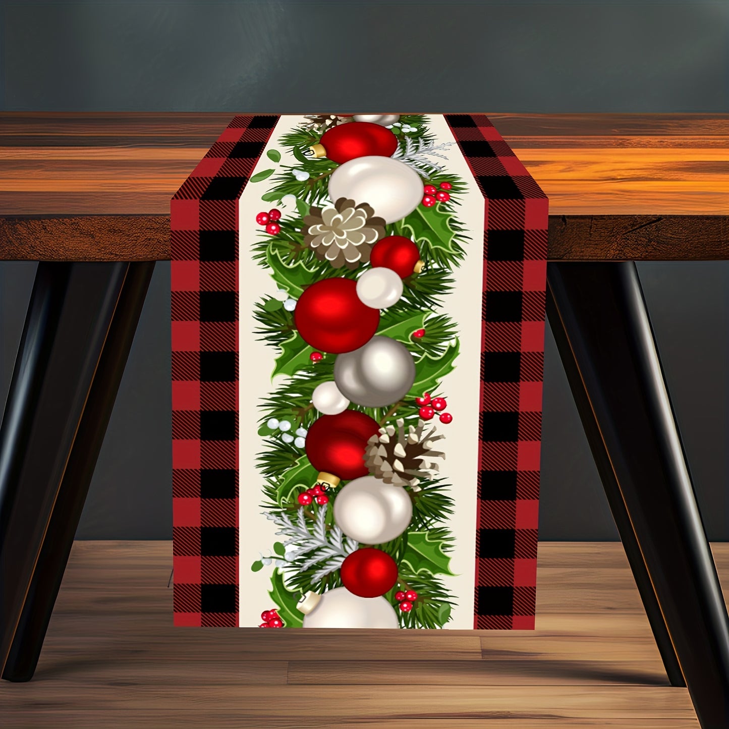 Polyester Merry Christmas table runner in red and black plaid print for holiday decoration and gift giving.