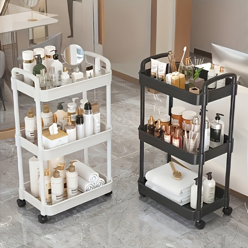 Versatile 3-Tier Rolling Storage Cart with Armrests - Ideal Floor Stand for Kitchen & Bathroom, Includes Movable Drain Shelf for Added Convenience, Perfect for Back-to-School Season