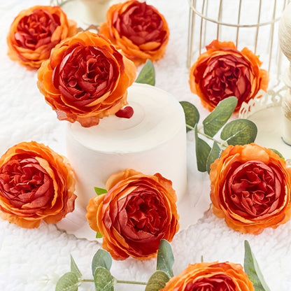 6 Vibrant Peach & Red Gradient Artificial Peony Stems, 7.98cm Diameter - Ideal for DIY Wedding Decor, Cake Decorations, and Home Table Centerpieces.