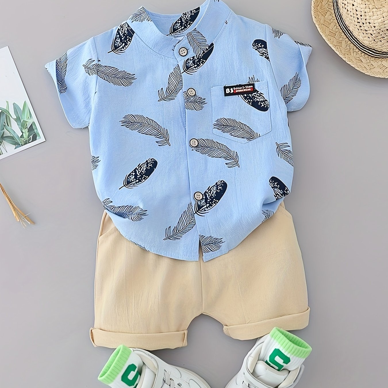 Baby boys' casual feather pattern shirt and shorts set for outdoor wear.