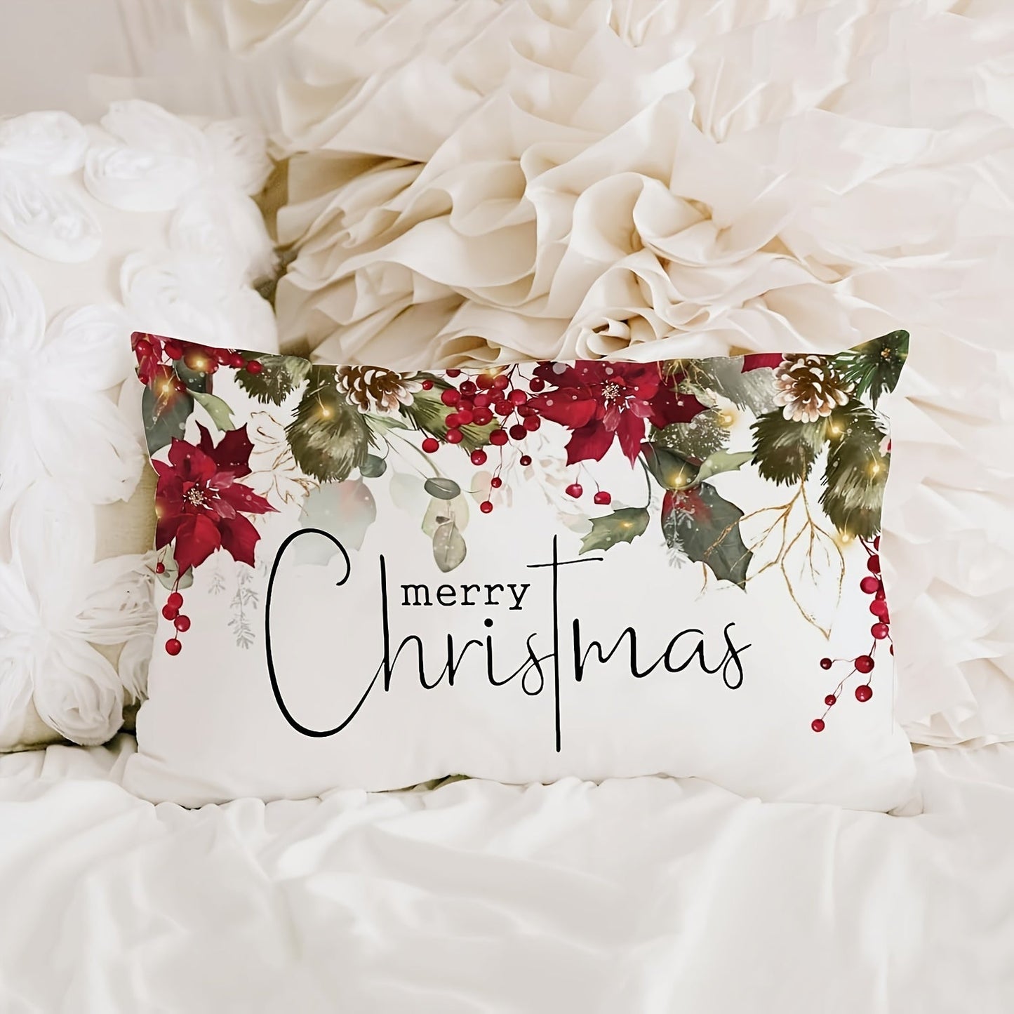 Get into the Christmas spirit with this contemporary Merry Christmas pillow cover. Perfect for adding a festive touch to your farmhouse decor, this cover is suitable for beds, chairs, and sofas. Made from woven polyester fabric, it is durable and machine