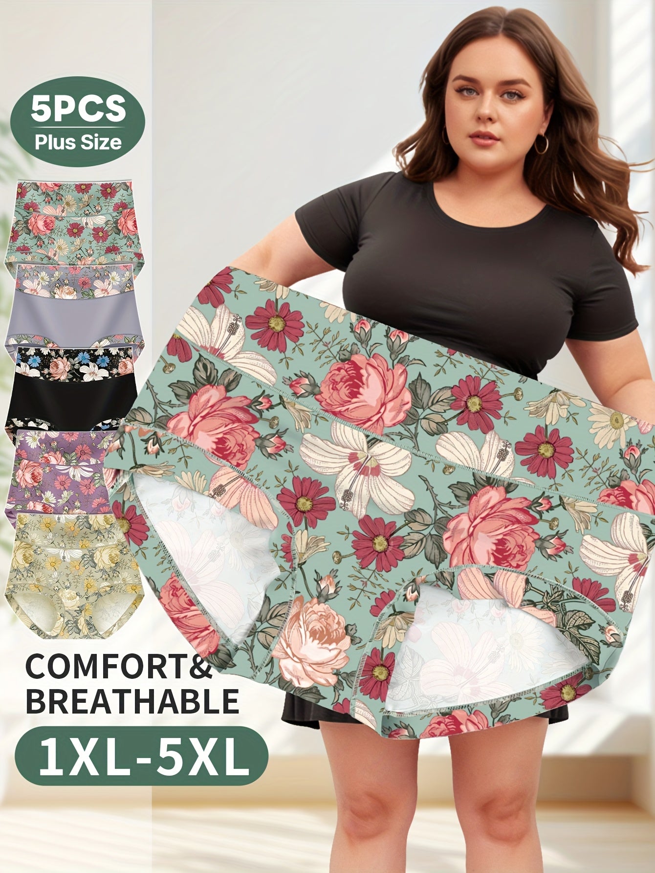 5 high-waist floral print panties for women with tummy control and butt lifting, made of comfortable polyester blend. Soft and breathable, suitable for plus size.