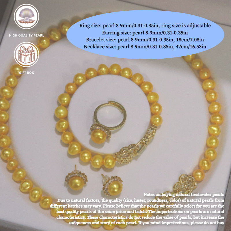 Luxurious 4-piece Jewelry Set in Beautiful Golden Tones featuring Genuine Lustrous Pearl Necklace, Bracelet, Earrings, and Ring - Exquisitely Handcrafted with High-Quality Stones for Everyday Wear or Special Occasions - Perfect for Gifting, Comes with a