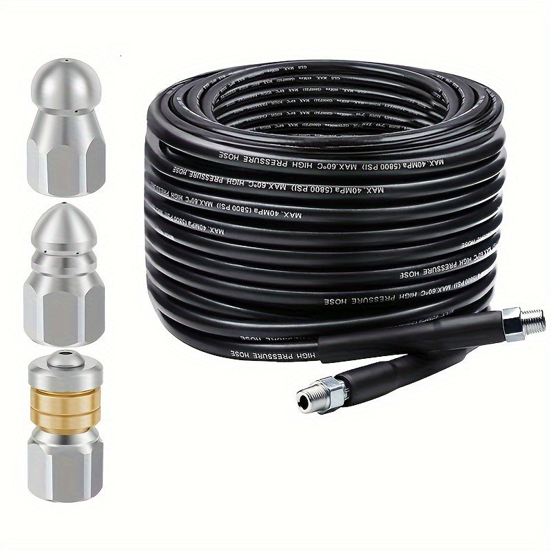 1 Set Sewer Jetter Kit with 5800PSI Cleaner Hose and 3 Pack 5000PSI Nozzles for Pressure Washer Drain.