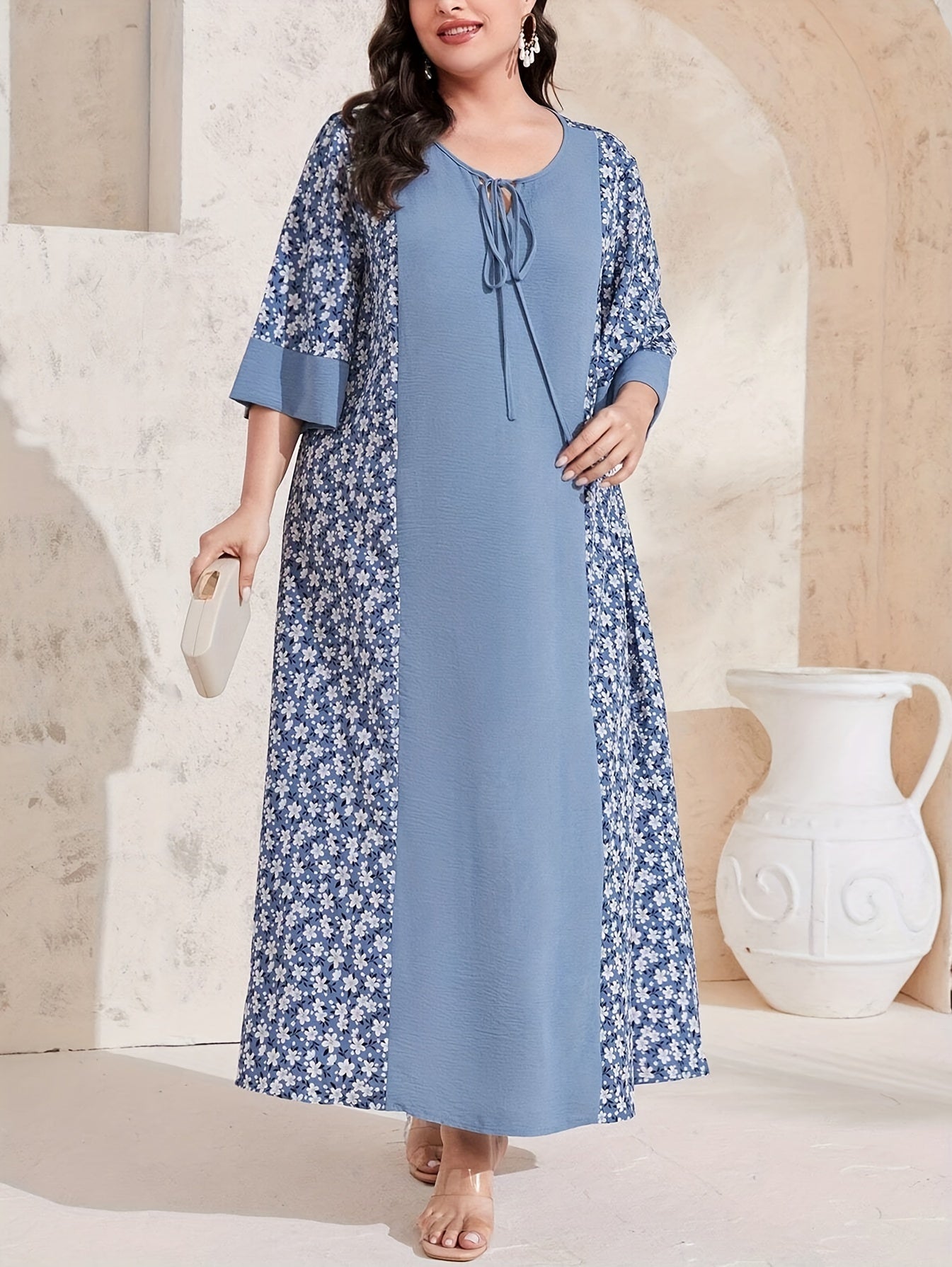 Floral print tie front dress, elegant maxi dress for spring & summer, plus size women's clothing