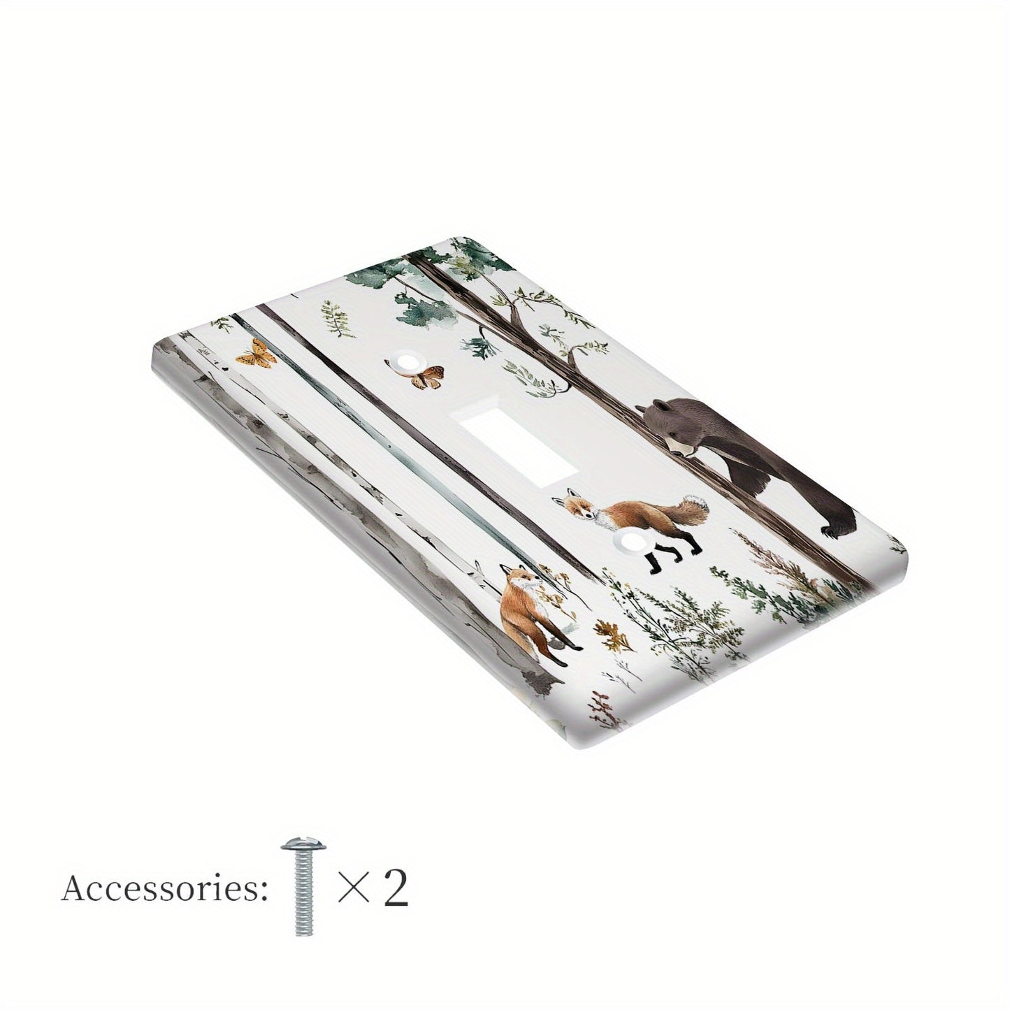 Forest wildlife animal themed light switch cover, featuring moose, deer, fox, and bear. No battery needed. Perfect for home decor in bedrooms, kitchens, and rooms. Available in 1-gang or 2-gang sizes.