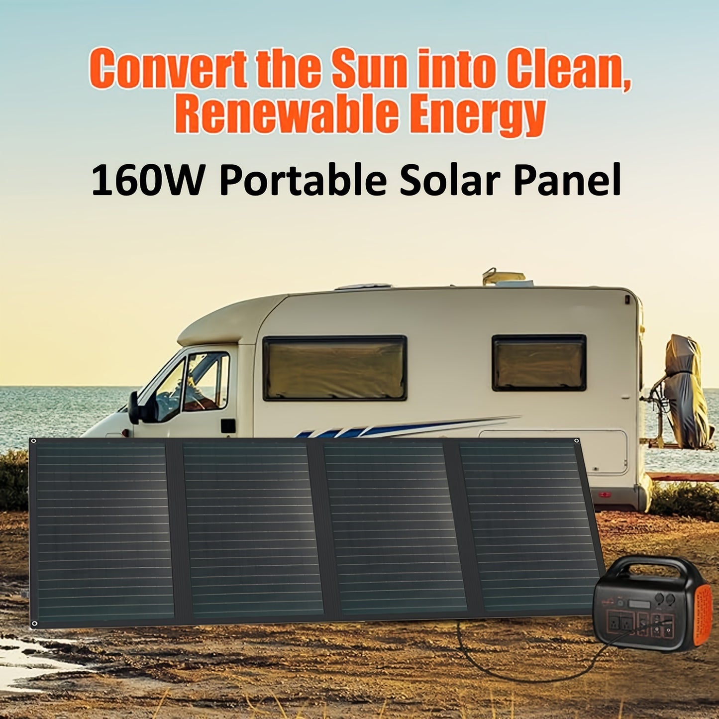 160W Portable Solar Panel with high slew rate, foldable design and adjustable kickstand, perfect for outdoor camping and RV off-grid systems.