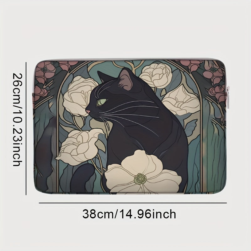 Black Cat with Peonies Laptop Sleeve - 38.0cm, Zip Closure, Printed Polyester, Office, College, Daily Commute Suitable.