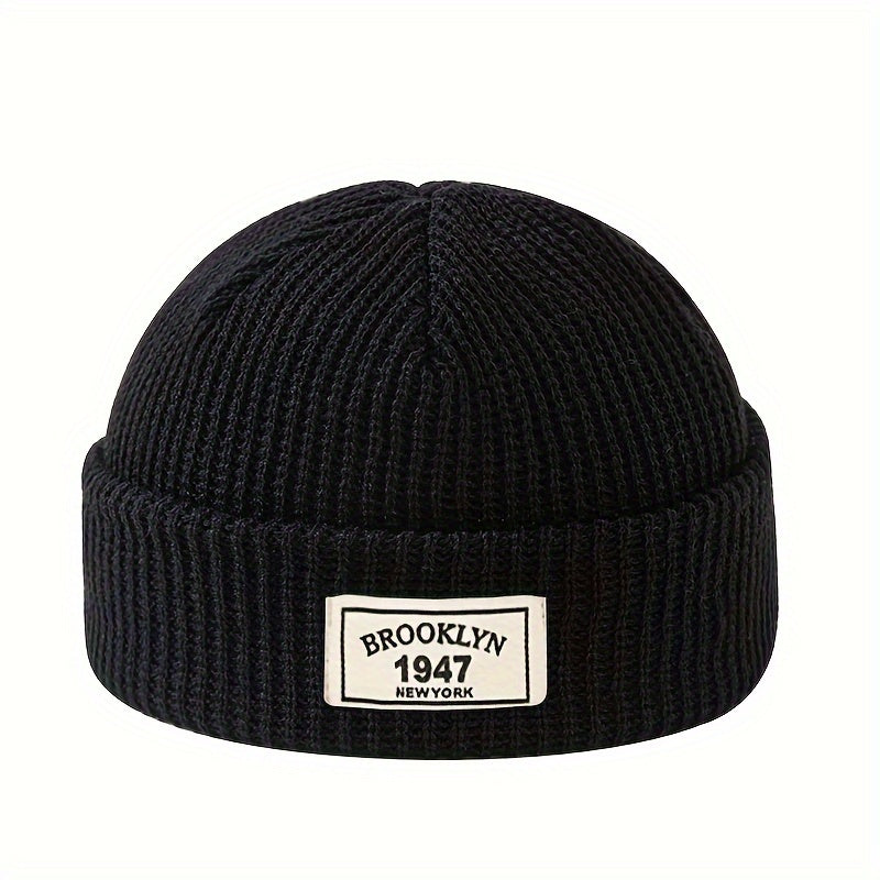 Knitted beanie for men - warm and elastic winter hat with letter patch, perfect for active leisure and holiday gifting, including Valentine's Day.