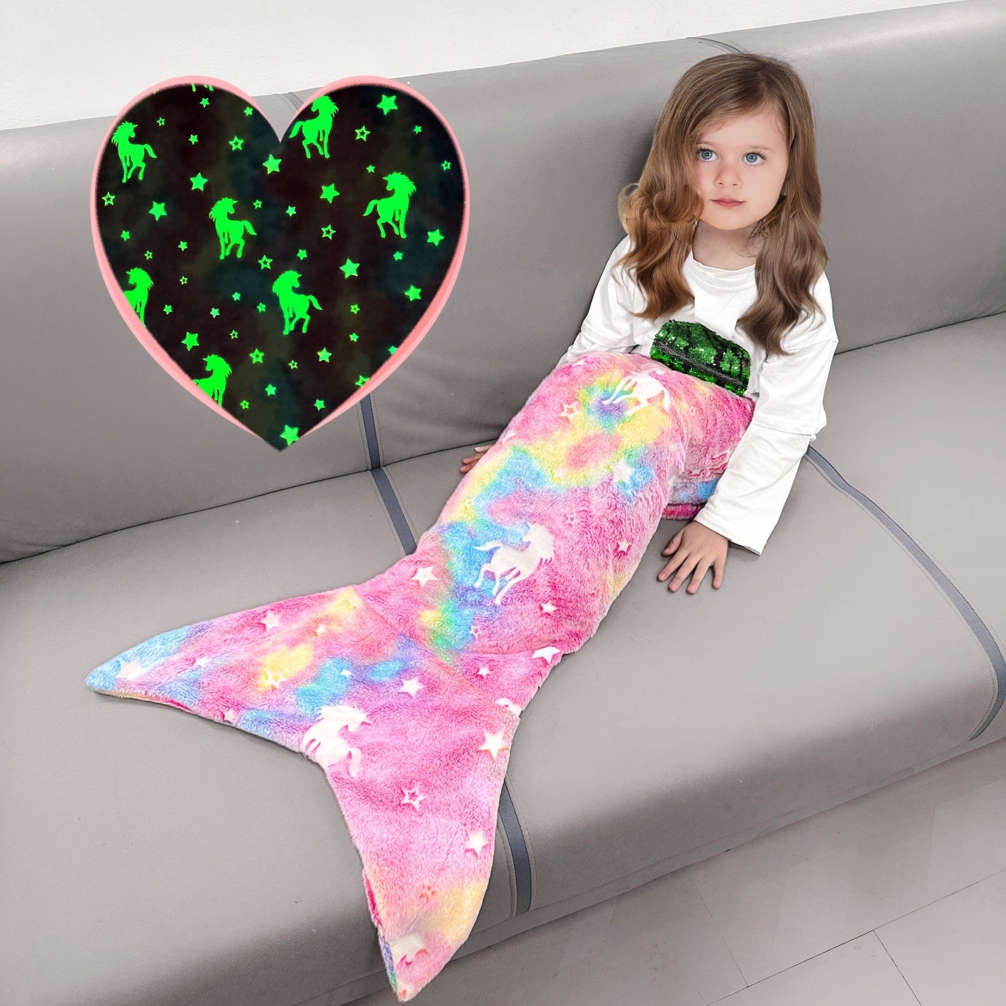 Soft flannel wearable plush mermaid tail blanket that glows in the dark, suitable for girls, teens, and adults. Ideal for all seasons, birthday gifts, nursery decor, unicorn sleeping bag, and kindergarten decor.