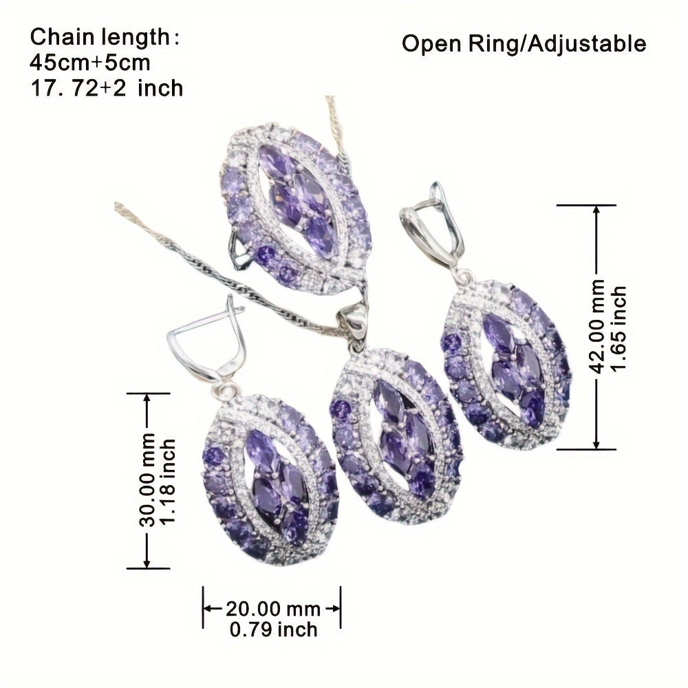 5-piece Jewelry Set for Women - Elegant White Gold Plating adorned with Purple Zirconia, featuring Earrings, Adjustable Ring, Necklace, and Bracelet - Ideal for Weddings and Everyday Chicness, Hypoallergenic