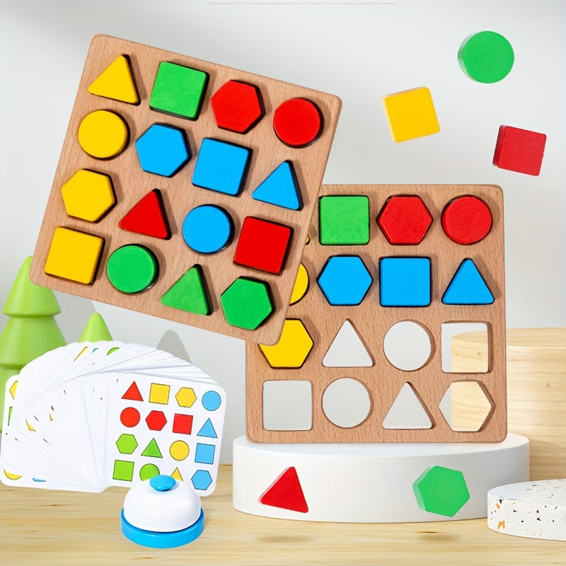 Wooden dual-player battle game with geometric shape matching and building blocks. Enhances youngsters' thinking skills. Colorful two-player desktop competition toy with timer.