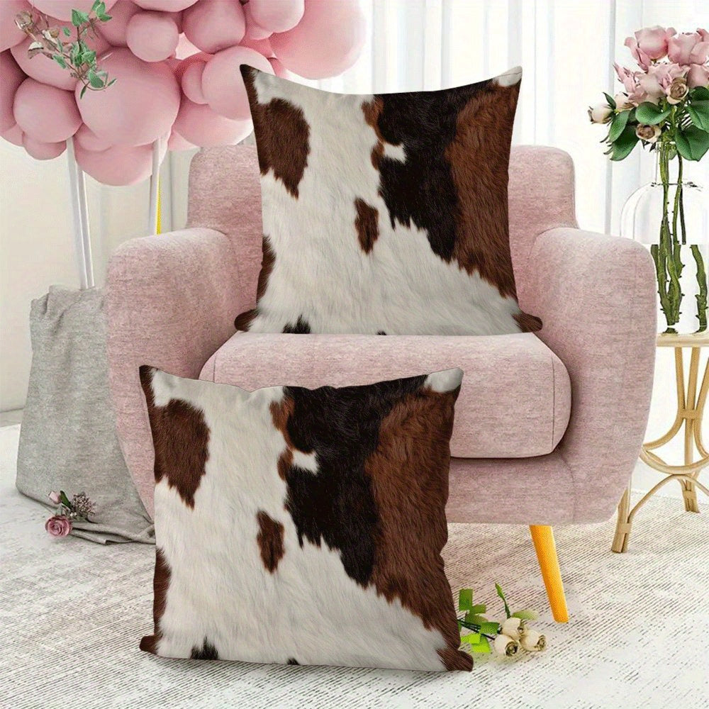 Set of 2 Modern Farmhouse Cowhide Print Pillow Covers, 45.72x45.72 cm, Made from Flannel Fabric, Easy to Clean in the Washing Machine, Stylish Decorative Throw Pillow Cases with Zipper Closure for Sofa and Bedroom, Provides Comfort All Year Round