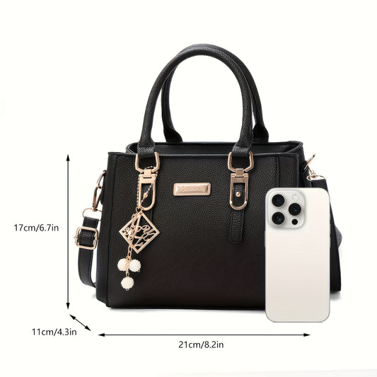 Pick from 7 colors. Stylish black handbag with lychee pattern tote. Spacious, multifunctional, adjustable shoulder strap, zipper closure. Ideal for daily commuting. Light luxury style, can