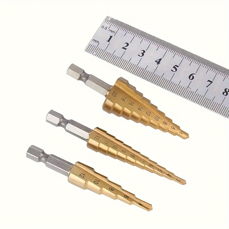 3pc Titanium-Coated HSS Step Drill Bit Set - High Precision, Multi-Size for Wood & Metal, Durable & Versatile