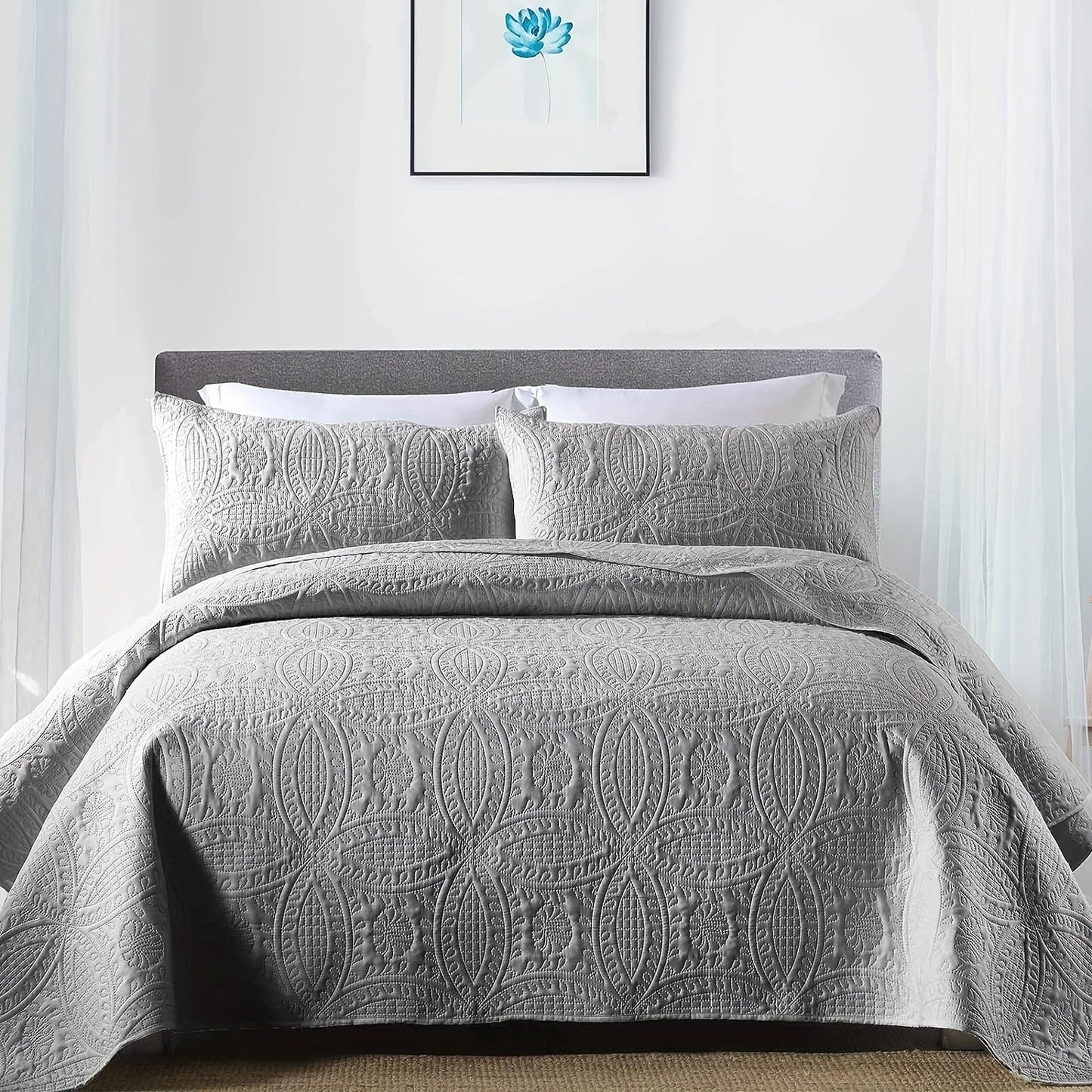 Comfortable and airy three-piece bedspread set featuring Soundwave technology and embossed circles design. Set includes one bedspread and two pillowcases, ideal for adding a touch of summer comfort to your bedroom or dorm decor. The perfect addition to