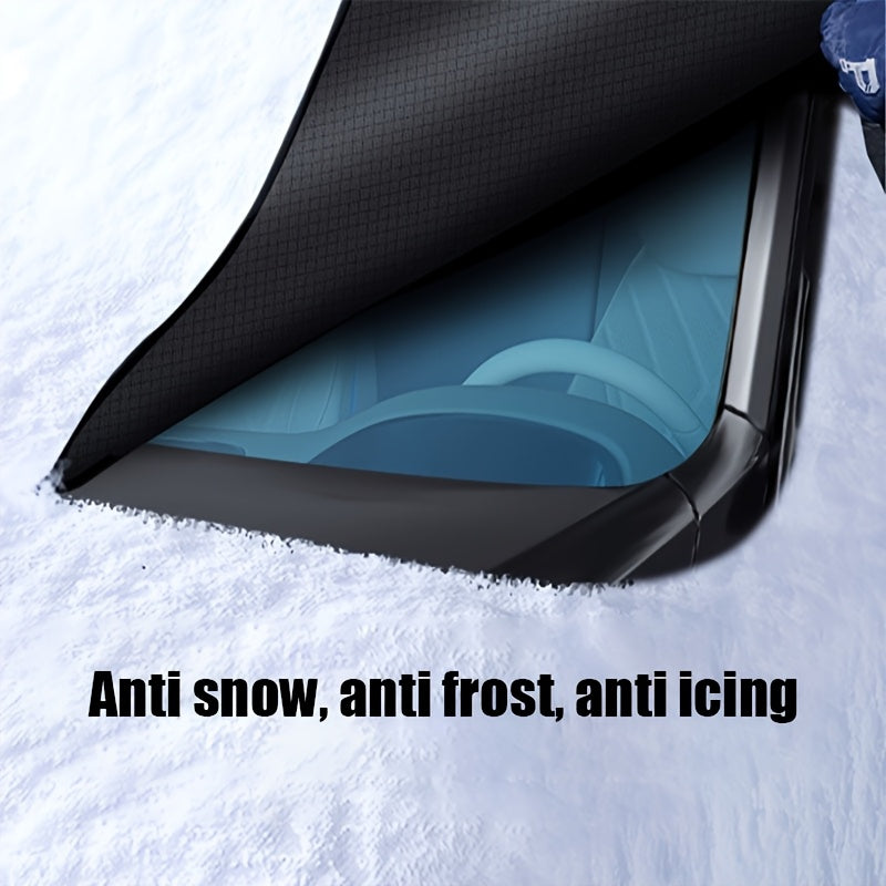 Durable polyester cover protects car windshield from snow and frost, fits most vehicles.