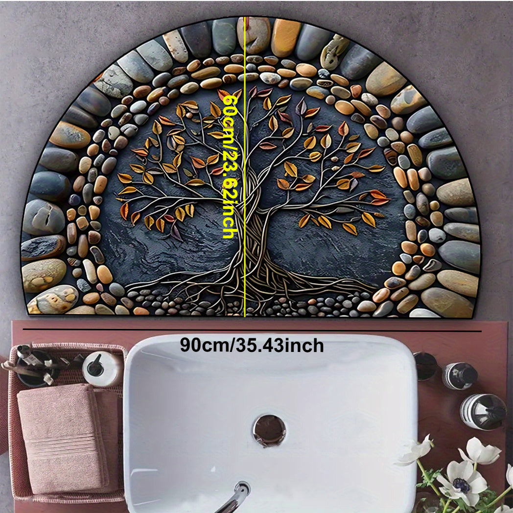 A durable and stylish Tree of Life Pebble Pattern Welcome mat with a washable design and silicone backing, suitable for use in various areas such as porches, living rooms, bedrooms, offices, and outdoor spaces. Enhance your home decor with this versatile