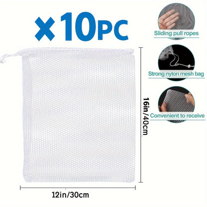 Mesh bags are available in packs of 5 or 10, each measuring 30.48 x 40.64 cm. These reusable agricultural product bags are perfect for grocery shopping and are made of drawstring polyester with double seam tare weight. They are ideal for storing