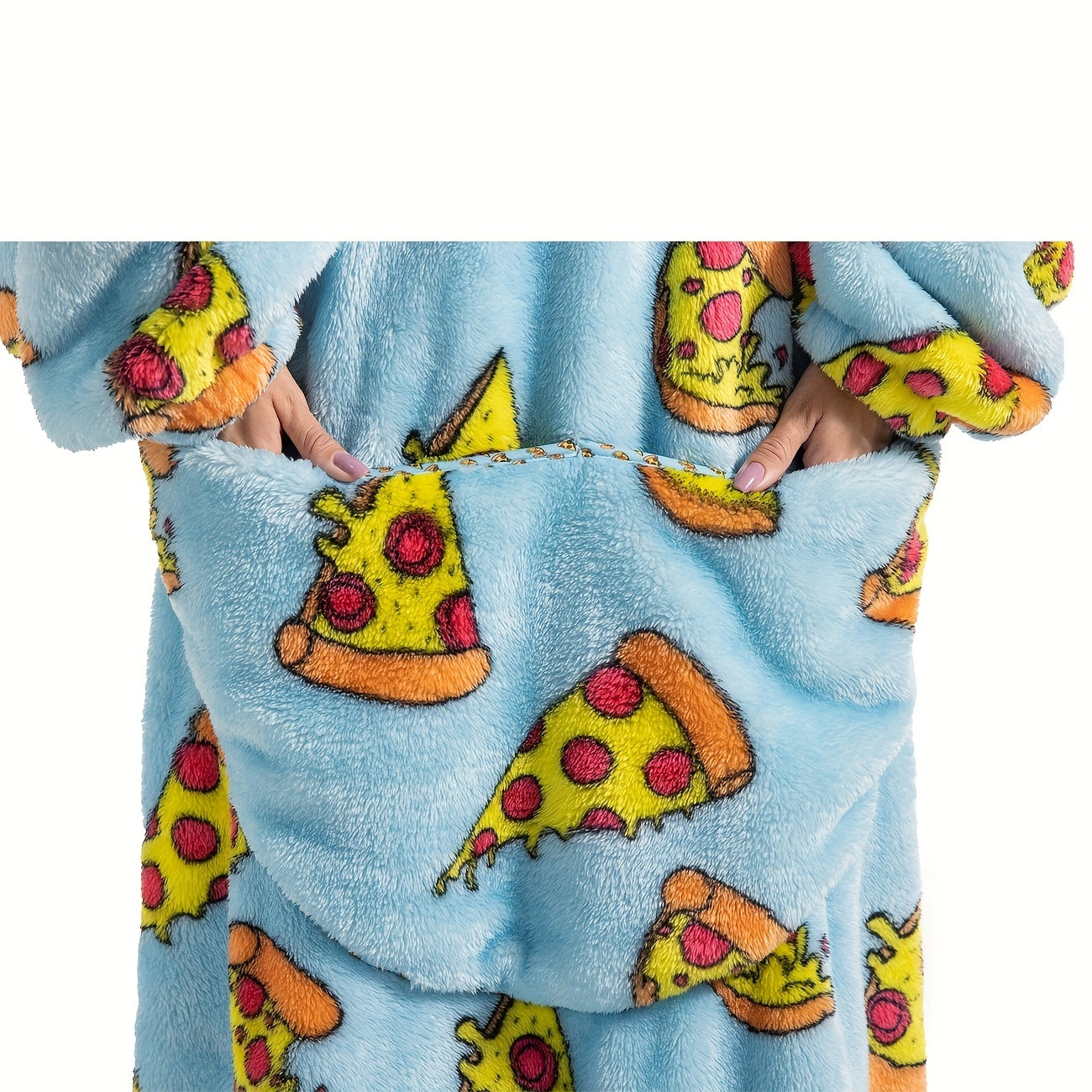 Stay warm and stylish in our oversized hoodie wearable blanket featuring a fun pepperoni pizza print. Made from super soft, warm polyester, this adult robe comes with a large front pocket for your convenience. Perfect for both men and women, this