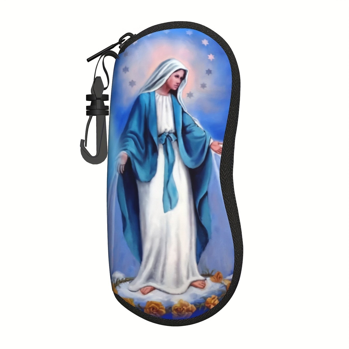 Virgin Mary Our Lady of Fatima Print Eyeglass Case with Keychain, Waterproof Sunglass & Reading Glasses Pouch, Neoprene Soft Accessory, Lightweight and Unisex - 1 Pack