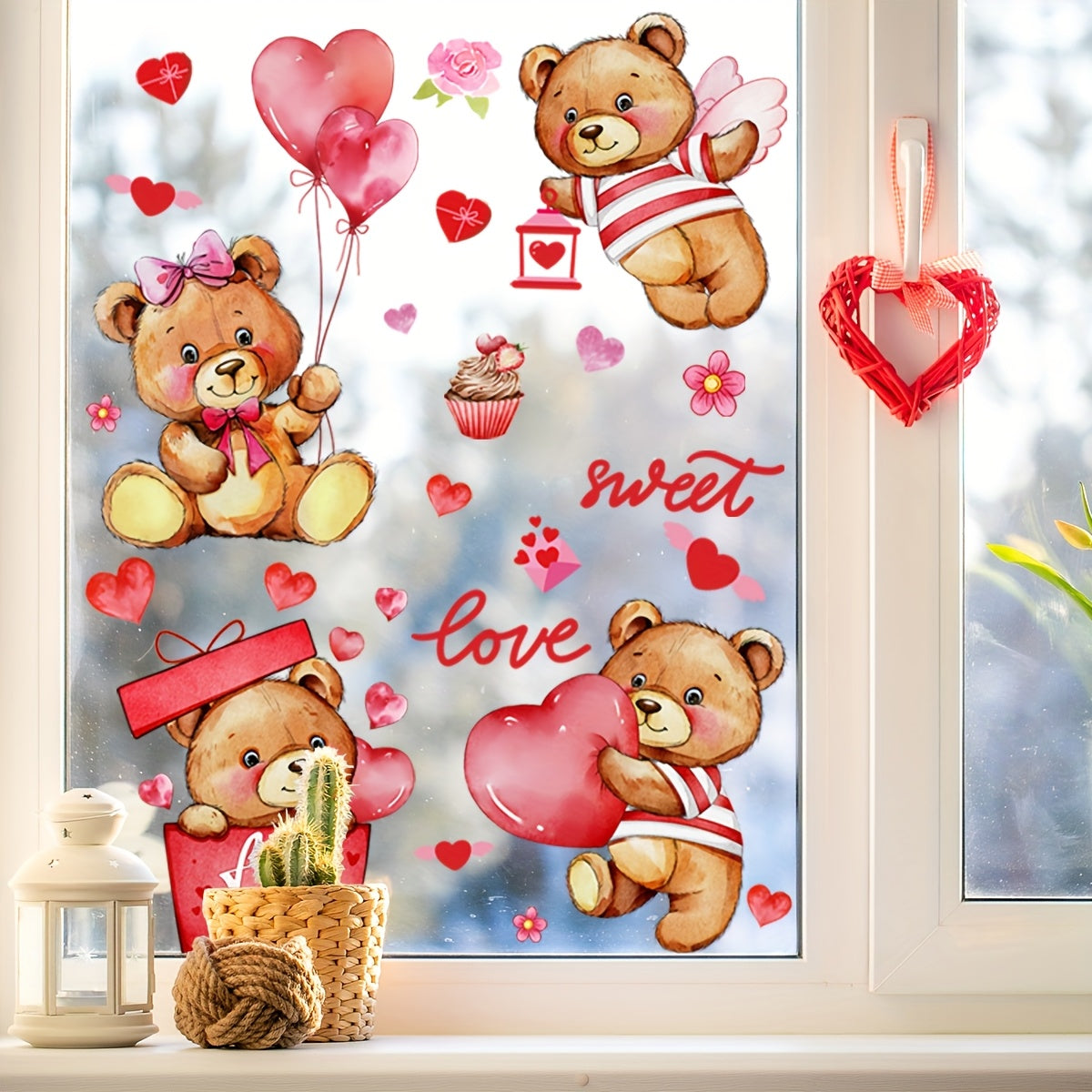 Valentine's Day Teddy Bear Heart Balloons Window Stickers - 2 Sheets, Made of Reusable PVC, Static Cling for Easy Application, Double-Sided Design for Enhanced Visual Appeal, Perfect for Holiday Decor, Model D10010-KQ.