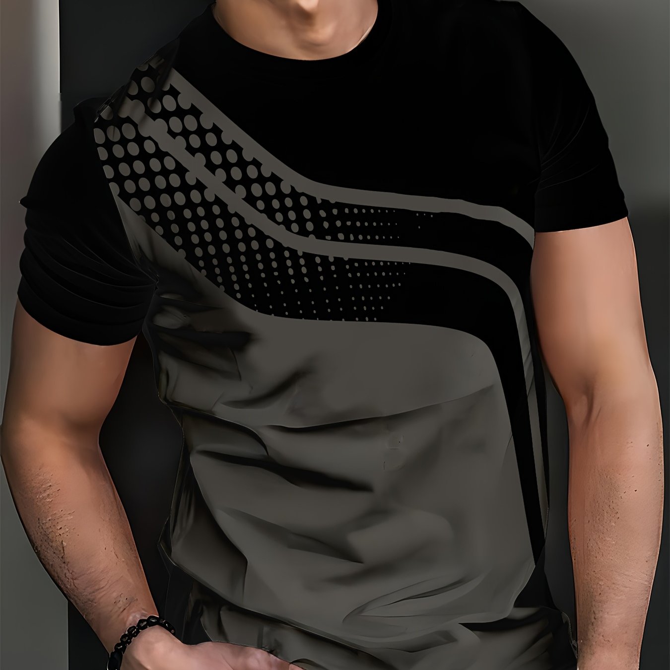 Stylish men's black and gray striped short sleeve t-shirt with digital print. Made of breathable, moisture-wicking polyester. Durable and easy to machine wash. Perfect for casual or dressy