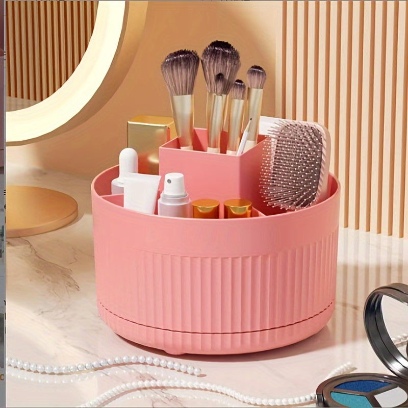 Rotating makeup organizer with 5 compartments, luxurious stripe design, durable plastic, multi-functional for cosmetics and stationery, portable and cordless.