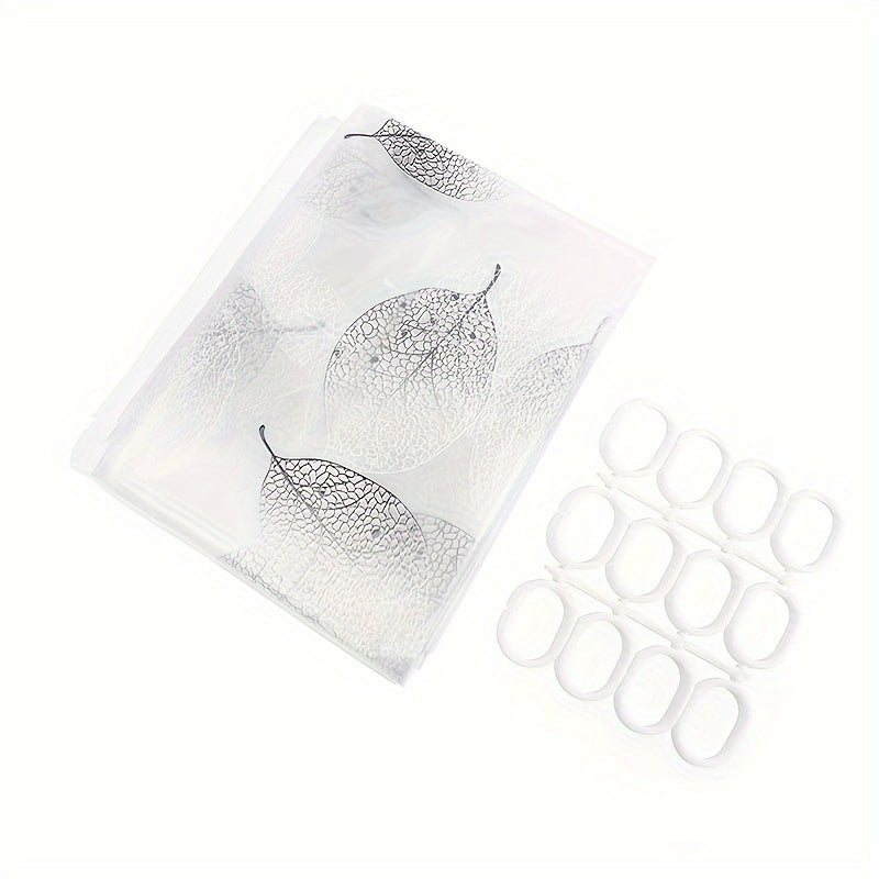 Waterproof PEVA shower curtain liner with leaf pattern and plastic hooks, suitable for various settings such as hotels, apartments, dormitories, and homes for bathroom and window decoration.