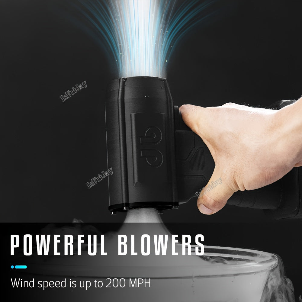 Introducing the 1pc Turbo Jet Blower Fan - a powerful 100W rechargeable handheld fan with brushless technology and touch control. This fan is perfect for both indoor and outdoor use, made from durable plastic material with a convenient button switch.