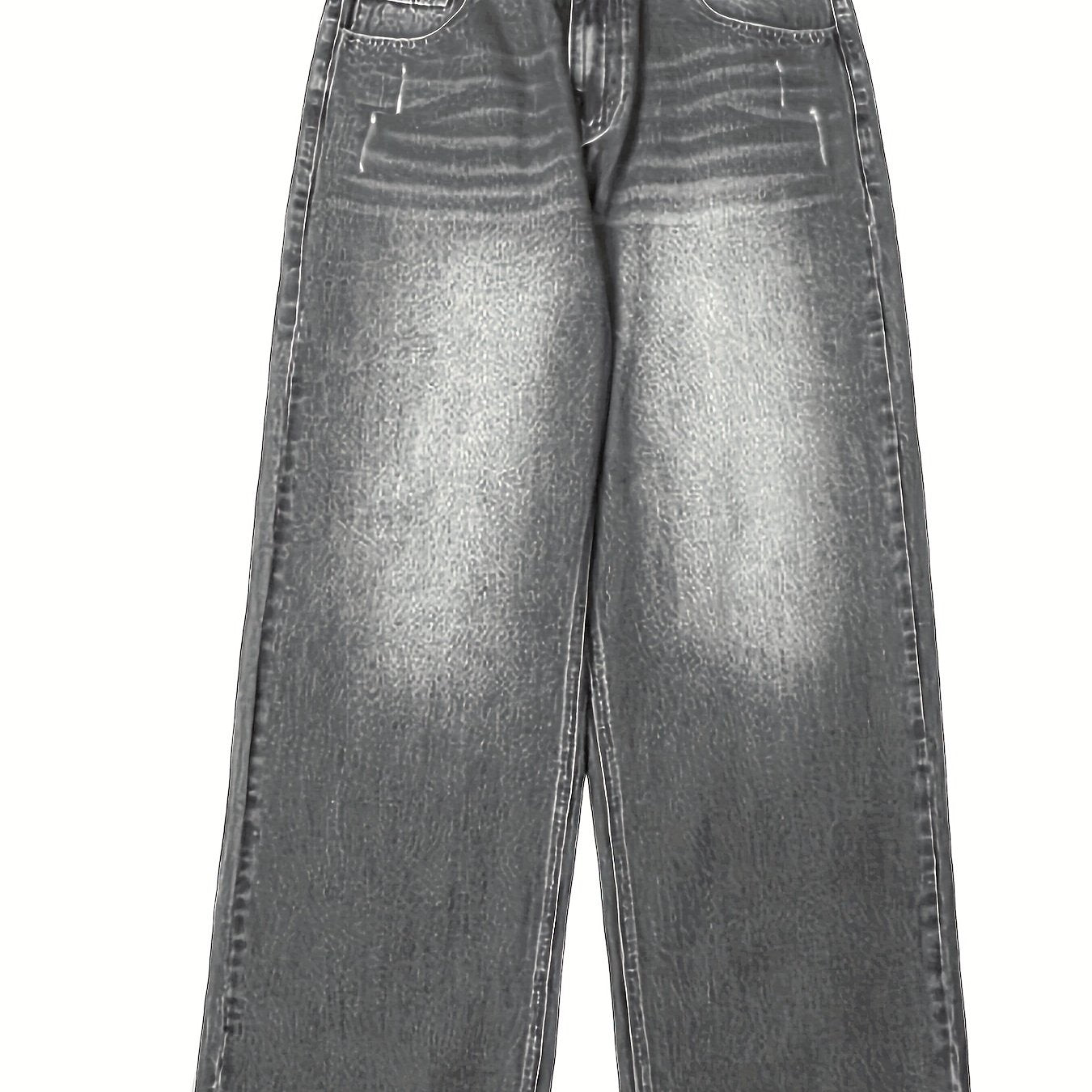 Men's extra long loose-fit denim jeans with a geometric-patterned cotton blend, non-stretch fabric, zipper fly closure, and washed finish for street style that is versatile in all seasons.