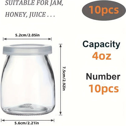 A set of 10 glass Mason jars with flip-top lids, perfect for storing yogurt, pudding, jam, mousse, honey, and more in the kitchen. Each jar holds 4oz and is reusable. These round glass containers are freezer and dishwasher safe, ideal for organizing and