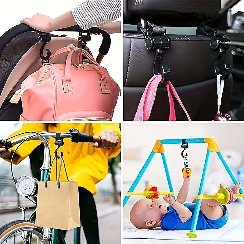 Two stroller hooks with multifunctional design and 360-degree rotating feature, preventing slipping. These hooks are suitable for use with strollers, baby carriers, bikes, bicycles, and car headrests.