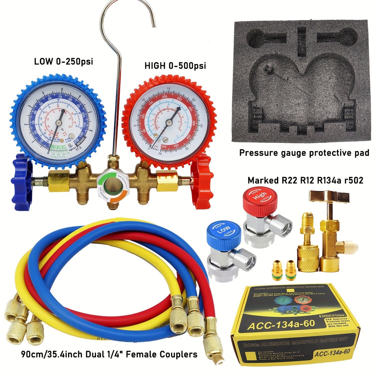 Car AC Dual-Gauge Refrigerant Pressure Tester Set - Made of Long-lasting Plastic and Metal, Does Not Require Power - Perfect for R22, R502, R404A, and R134A refrigerants