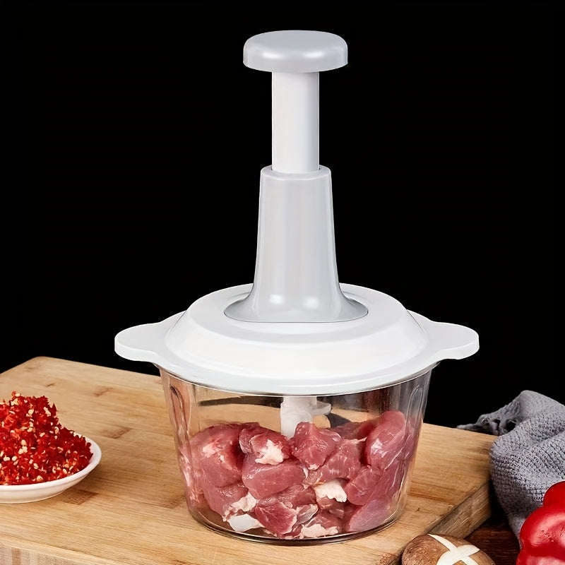 1-piece manual food chopper with 4 durable stainless steel blades, extra-large 50.72oz capacity, includes garlic press and dicer functions. No electricity needed, making it a versatile kitchen tool perfect for chopping meat, vegetables, and herbs.