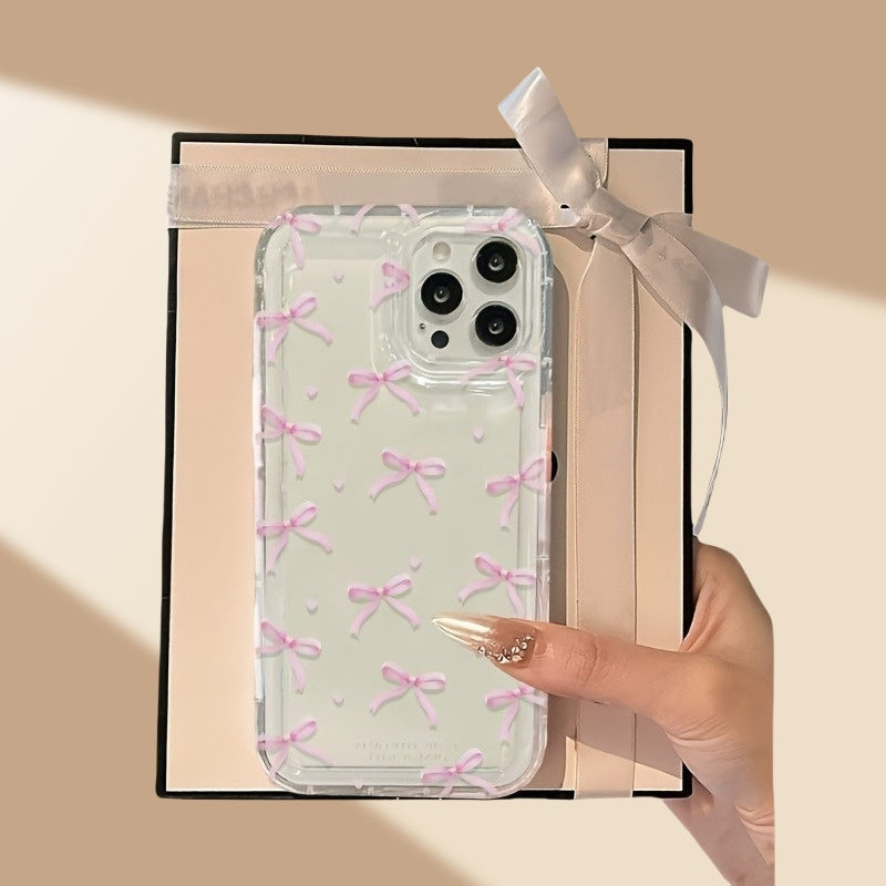 Pink Small Bow Transparent Anti-Fall Mobile Phone Case for Apple iPhones, suitable for SE to 16 Pro Max series. Perfect for gifting.