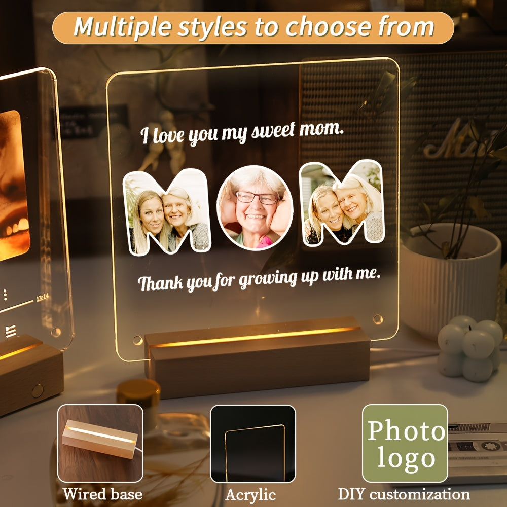 Single frame with LED light featuring personalized photo and customizable acrylic love heart design. Transparent stand for displaying pictures, perfect for celebrating special occasions such as anniversary, Valentine's Day, Christmas, Mother's Day