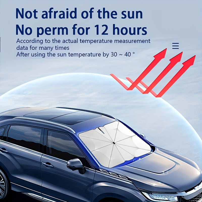 Reflective car sun shade with UV and heat protection, V design rearview mirror, made of iron with hook & loop closure. UPF 50+ sunshade protector.