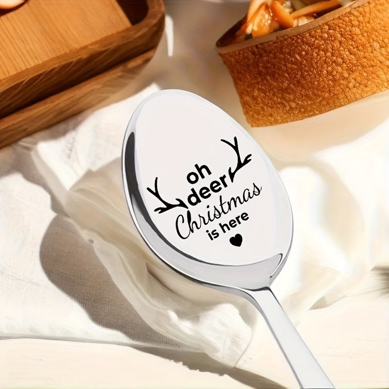 Get into the holiday spirit with this laser engraved stainless steel spoon featuring a festive "Oh Deer Christmas Is Here" design. This long handle spoon is perfect for Halloween and Christmas gifts, as well as themed party favors for friends, family