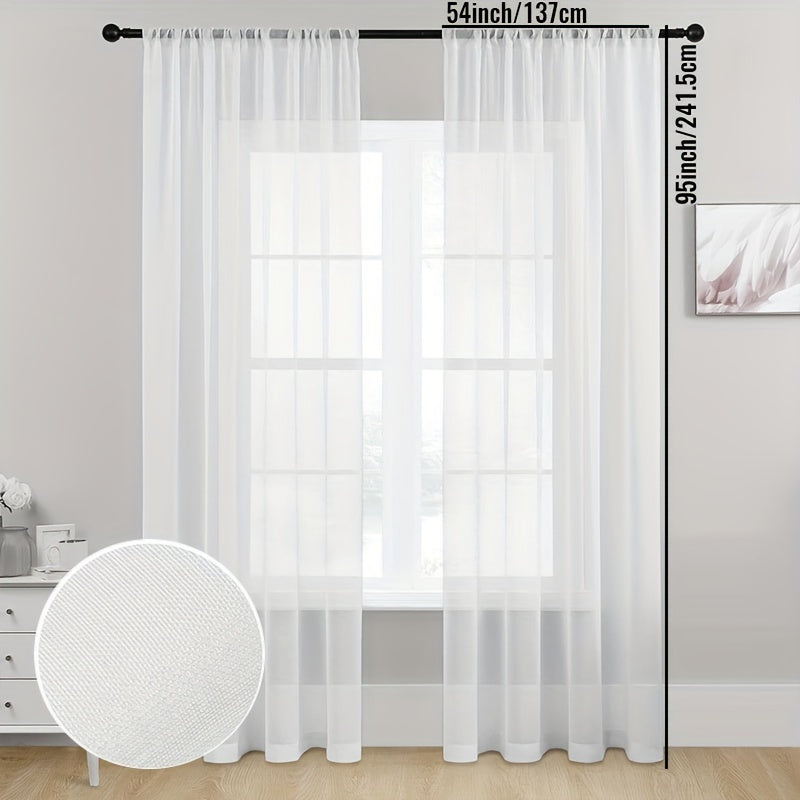 Set of 2 Linen Textured Semi-Sheer White Kitchen Curtains, Cafe Curtain Tiers with a Boho Farmhouse design. Perfect for Bedroom, Living Room, Home Decor, Basement Window or RV Camper.