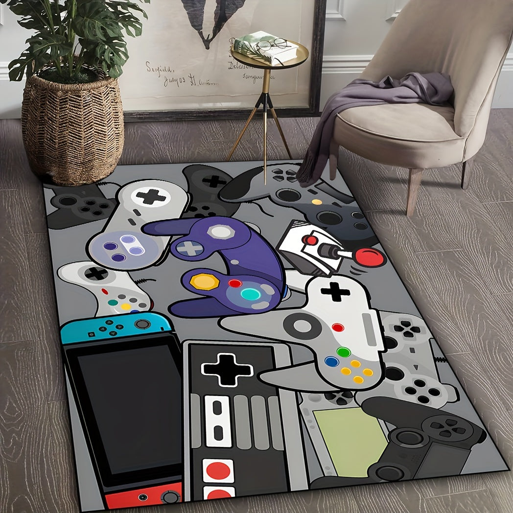 Game Controller Pattern Area Rugs available in various sizes (19 x 31, 31 x 47, 47 x 62, 62 x 90 inches). Made of anti-slip and machine washable polyester fiber carpet. Ideal for use in bedrooms, living rooms, offices, and gaming rooms. Perfect for