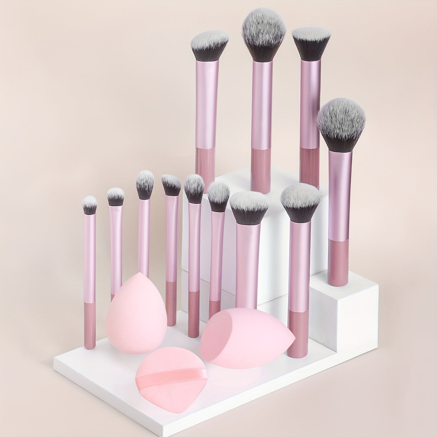 12-piece professional makeup brush set with nylon bristles, palm brushes, sponges, powder puff, ABS plastic handle, suitable for all skin types