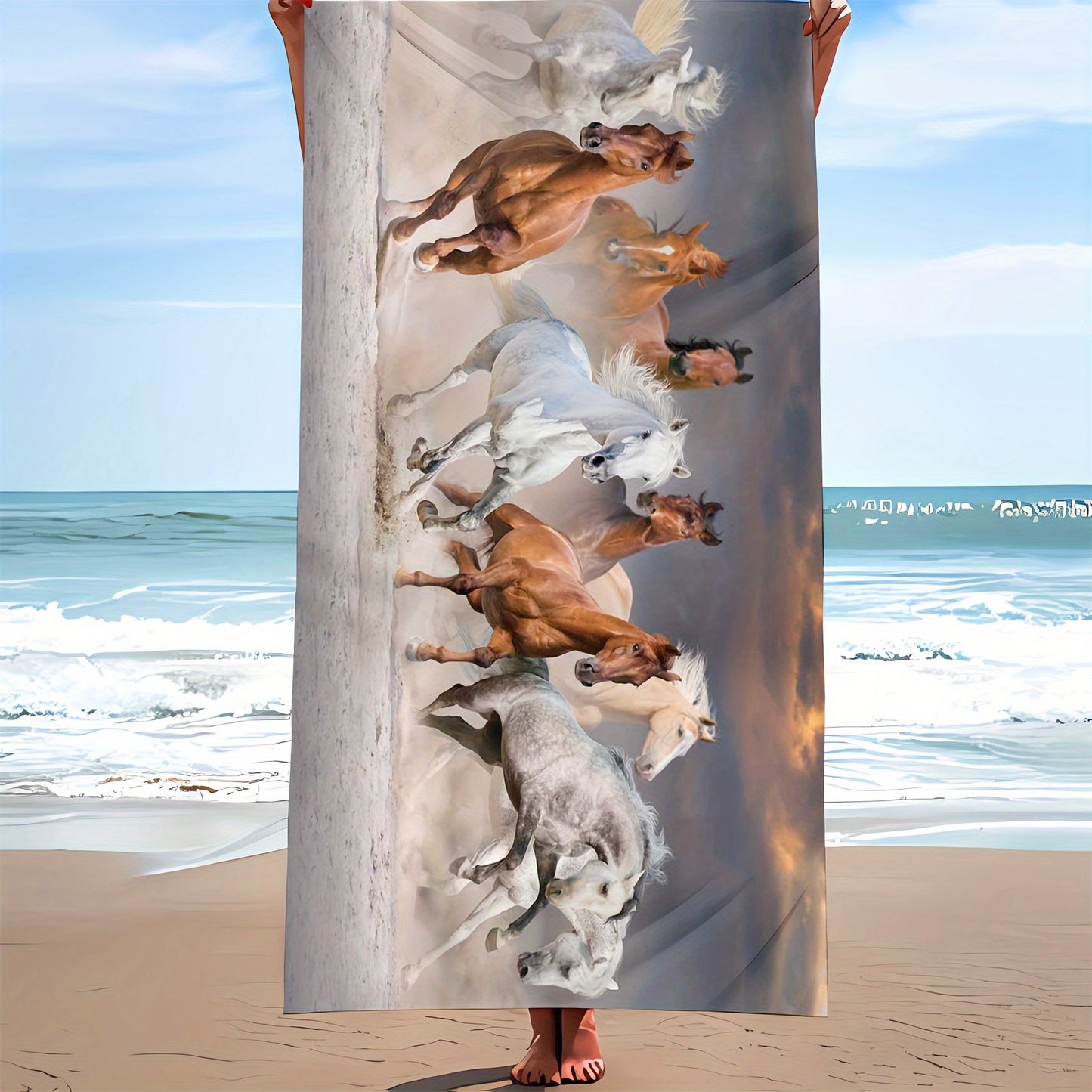 Soft and lightweight beach towel with galloping horse design, perfect for animal-themed vacations and outdoor activities. Ideal for sports, swimming, camping, fitness, and yoga. Great gift for family, friends, or loved ones, especially for Christmas.